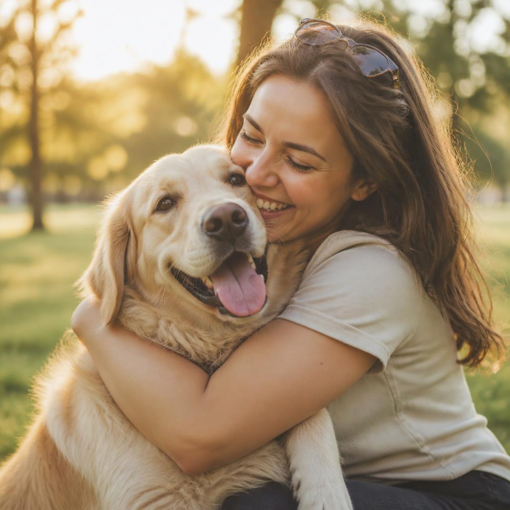 Owner hugging her reunited dog in a park